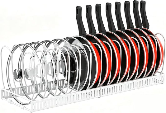 Expandable Pot and Pan Organizer for Cabinet, 14 Adjustable Dividers, Versatile Pan Holder Storage Rack, Extends from 12'' to 23'', Fits Cabinets, Countertops, or Under Sink, White, Iron