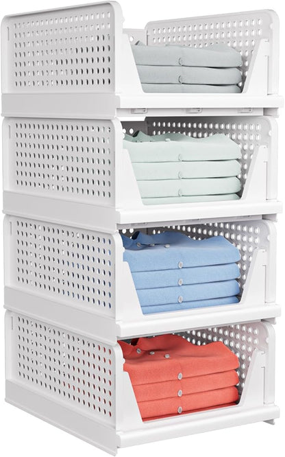 4 Pack Stackable Closet Storage Basket - Stackable Storage Bins, Multifunctional & Foldable Closet Organizer Divided, Wardrobe Cupboard Space-Saving Clothes Storage Hat Organizer, White by shoeboxesanddeskorganizers