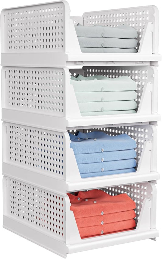 4 Pack Stackable Closet Storage Basket - Stackable Storage Bins, Multifunctional & Foldable Closet Organizer Divided, Wardrobe Cupboard Space-Saving Clothes Storage Hat Organizer, White by shoeboxesanddeskorganizers