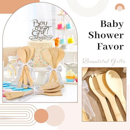 Reallnaive 72 Pcs Bamboo Spatula Wooden Kitchen Utensil Bulk 12''wood Spoon Spatula for Cooking with Ribbon Bridal Baby Shower Game Prize Wedding Party Favors Housewarming Gift (Various Style)