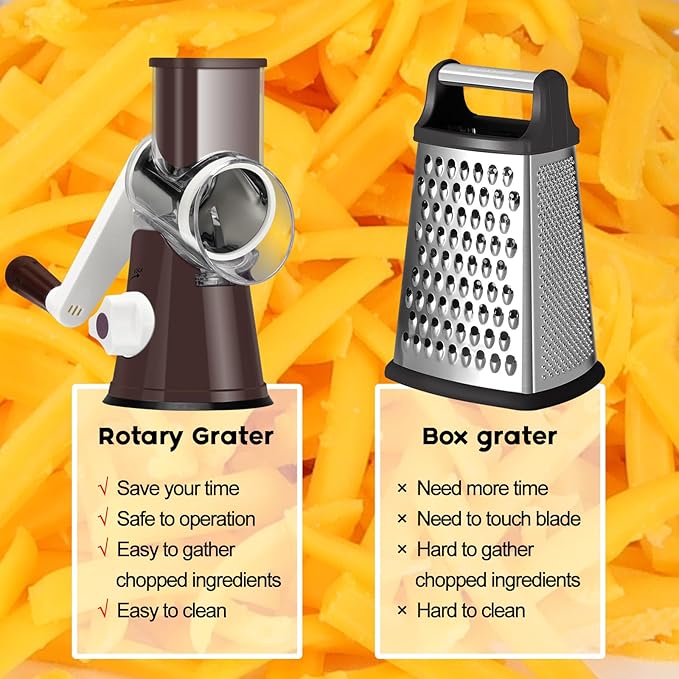 Ourokhome Rotary Cheese Grater Hand Crank, Kitchen Shredder Speed Mandolin Slicer Nut Grinder with Handle and Drum Blades for Cheese, Vegetable, Walnuts, Chocolate, Potato, Carrot,3 Blades, Coffee - Image 8
