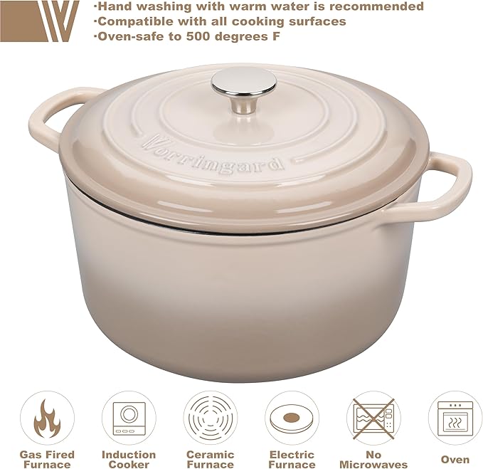 VORRINGARD Enameled Cast Iron Dutch Oven Pot with Lid, for Sourdough Bread Baking, Round Dutch Ovens, 4.5 Quart, Latte - Image 3