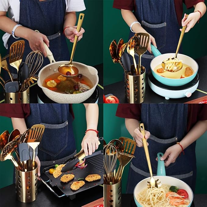 Gold Cooking Utensils Set, Berglander Stainless Steel 13 Pieces Kitchen Utensils Set With Titanium Gold Plating, Kitchen Tools Set With Utensil Holder, Dishwasher Safe, Easy to Clean - Image 2