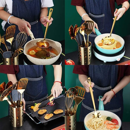 Gold Cooking Utensils Set, Berglander Stainless Steel 13 Pieces Kitchen Utensils Set With Titanium Gold Plating, Kitchen Tools Set With Utensil Holder, Dishwasher Safe, Easy to Clean - Image 2