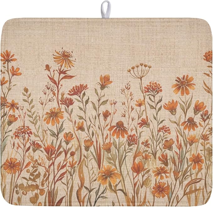 Fall Floral Dish Drying Mat for Kitchen Counter 16 x 18 Inch Autumn Sunflower Dish Drainer Mat Absorbent Microfiber Thanksgiving Dish Rack Pad for Coffee Dining Bar Kitchen Decor