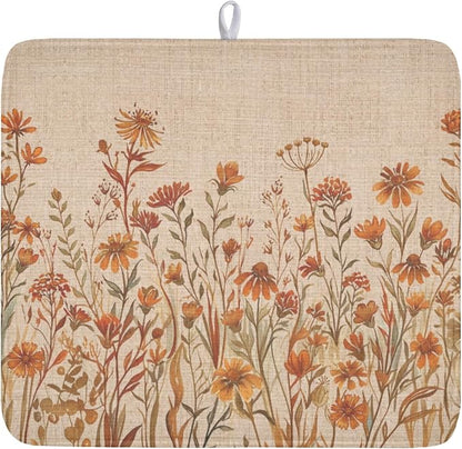 Fall Floral Dish Drying Mat for Kitchen Counter 16 x 18 Inch Autumn Sunflower Dish Drainer Mat Absorbent Microfiber Thanksgiving Dish Rack Pad for Coffee Dining Bar Kitchen Decor