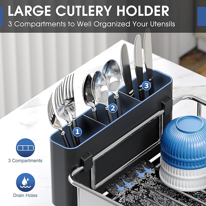 Urackify Stainless Steel Dish Drying Rack - Large Capacity Kitchen Counter Organizer with Drain Board, Utensil Holder & Detachable Cup Shelf, Surgical-Grade Rust-Proof Dish Drainer, Easy Assembly - Image 4