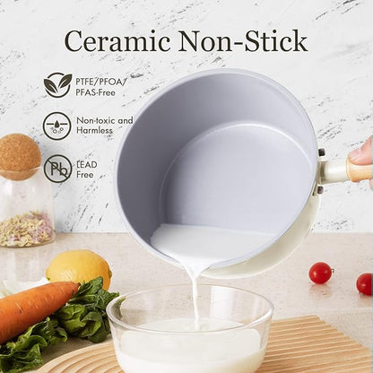 ROCKURWOK Ceramic Nonstick Sauce Pan, 3 QT Pot with Steamer, Non Toxic & PFAS-Free, Wooden Handle for Cool Touch, Universal Base(Gas, Electric & Induction), White - Image 2