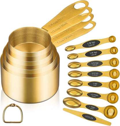 GuDoQi Gold Magnetic Measuring Spoons and Cups Set of 12, 8 Dual Sided Magnetic Measuring Spoons set with Leveler, 4 Measuring Cups, Premium Stainless Steel, Measuring for Liquid and Dry Ingredients