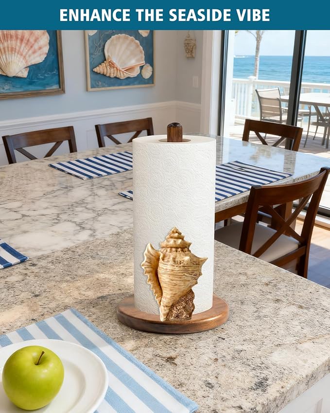 Conch Paper Towel Holder, Coastal Beach House Decor for Kitchen Bathroom Countertop, Freestanding Wooden Stand, Standard & Jumbo Rolls, Gift for Women