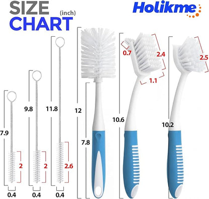 Holikme 6 Pack Dish Brush Set with Bottle Brush, Dish Scrub Brush, Pan Brush and 3 Straw Brushes, Deep Cleaning Handle Brush with Scraper Tip for Kitchen Sink Dishes Bottle Cup Pot and Pans (Azul) - Image 6