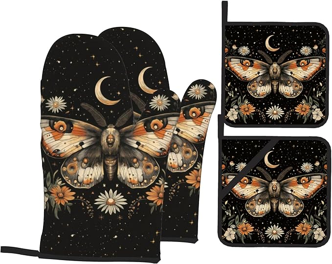 Oven Mitts and Hot Pads Set - Boho Moth Design, Heat Resistant Cute Pot Holders for Kitchen, Baking Gifts for Women