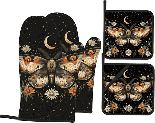 Oven Mitts and Hot Pads Set - Boho Moth Design, Heat Resistant Cute Pot Holders for Kitchen, Baking Gifts for Women