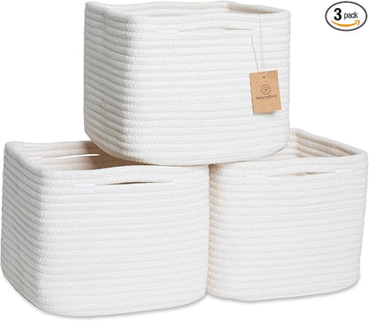 NaturalCozy Storage Cubes 9”x9”x7”Cotton Rope Woven Baskets for Organizing 3-Pack | 9 Inch Cube Storage Bin | Small Basket for Shelf Nursery, Pantry, Decorative Plant, Bathroom Closet, Toy Gift