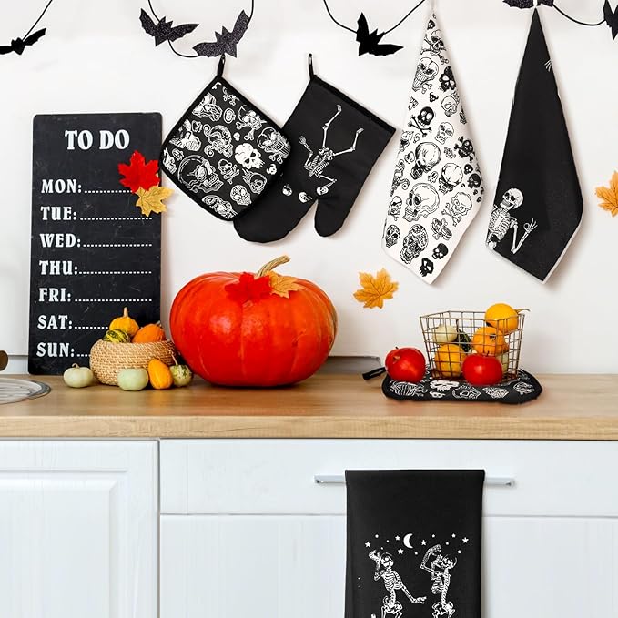 Leinuosen 8 Pcs Skull Kitchen Decor Set Kitchen Towels Gothic Oven Mitts and Pot Holders Skeleton Hand Dish Towels Horror Oven Mitts for Home Decoration Party Gifts (Black and White,Skeleton) - Image 2