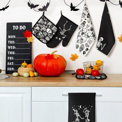 Leinuosen 8 Pcs Skull Kitchen Decor Set Kitchen Towels Gothic Oven Mitts and Pot Holders Skeleton Hand Dish Towels Horror Oven Mitts for Home Decoration Party Gifts (Black and White,Skeleton) - Image 2