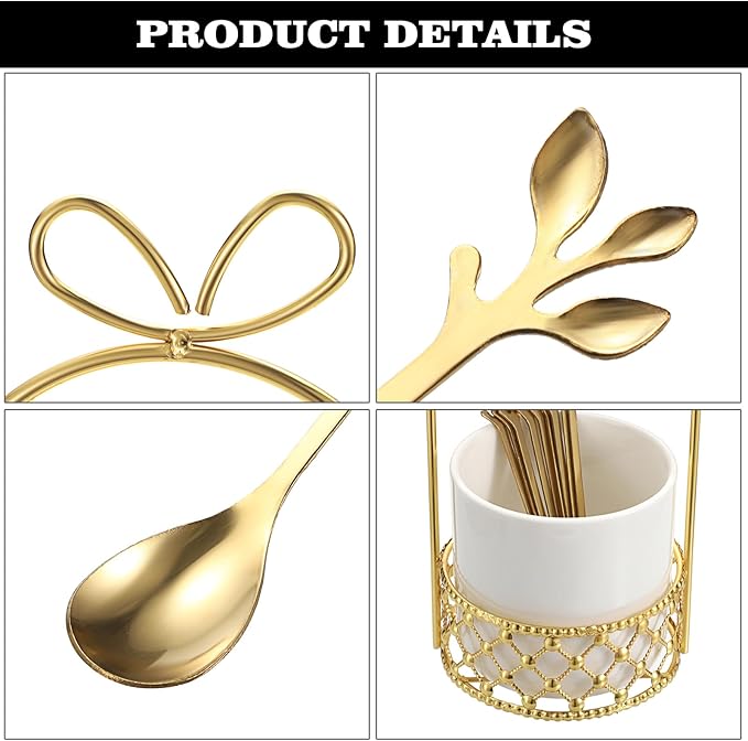 ELLDOO Coffee Spoon Set, White Ceramic Holder with 8 Stainless Steel Gold Leaf Coffee Spoons, Creative Flatware Set for Stirring, Mixing, Sugar, Ice Cream, Cake (8 x Spoons) - Image 6
