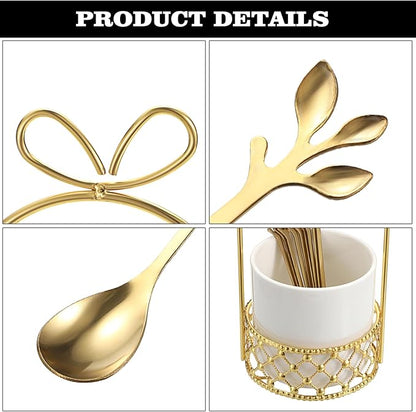 ELLDOO Coffee Spoon Set, White Ceramic Holder with 8 Stainless Steel Gold Leaf Coffee Spoons, Creative Flatware Set for Stirring, Mixing, Sugar, Ice Cream, Cake (8 x Spoons) - Image 6