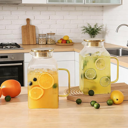 2 Pack 68oz/2 Liter Square Glass Pitcher with Handle and Lid, Classic Stripes Glass Water Pitcher with Handle for Fridge, Iced Tea, Coffee, Borosilicate Glass Carafe for Hot/Cold Brew Drink