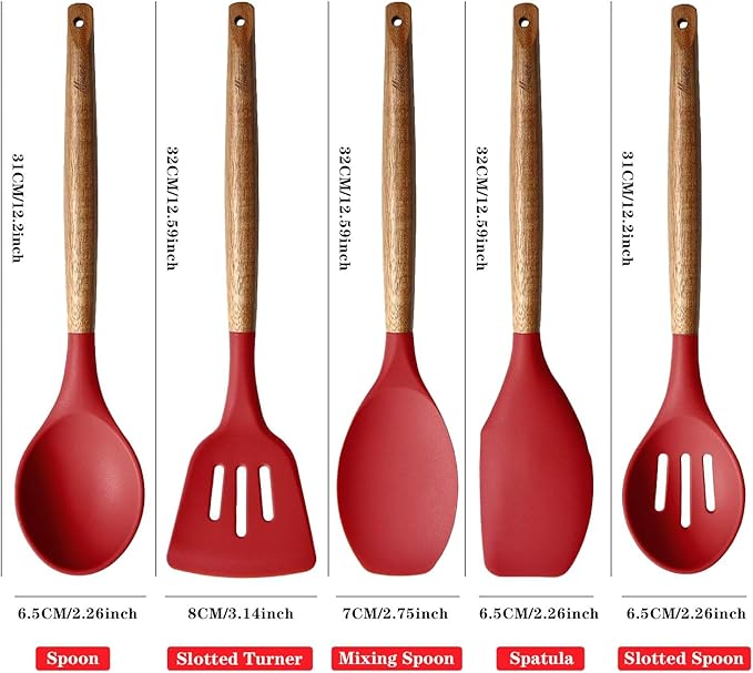 Kitchen Utensils Set, Silicone Cooking Utensils Set,Non-Stick Silicone Spatula Set with Natural Acacia Hard Wood Handle, 5 Piece, Upgraded Thickened Cookware - Image 4