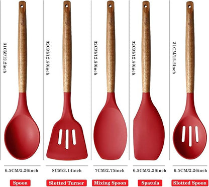 Kitchen Utensils Set, Silicone Cooking Utensils Set,Non-Stick Silicone Spatula Set with Natural Acacia Hard Wood Handle, 5 Piece, Upgraded Thickened Cookware - Image 4