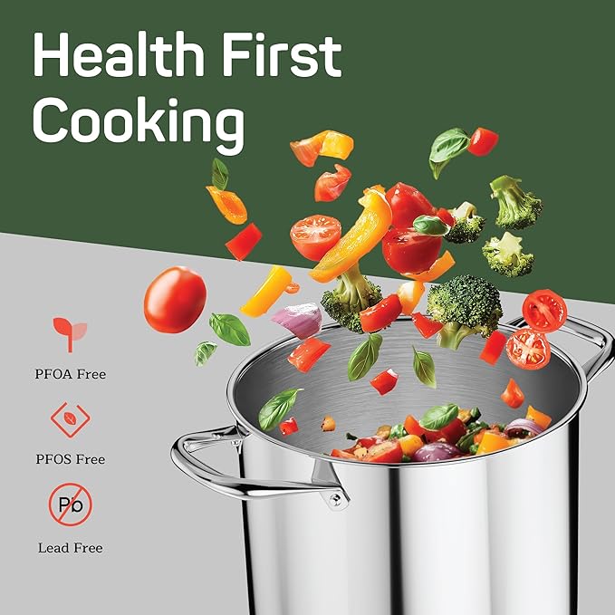 Stainless Steel Stockpot with Tempered Glass Lid 5 Quart, Durable 18/0 Stainless Steel, Impact-Bonded Base for Even Heating, Riveted Handles, Oven & All Stove Compatible, Safe Up To 500°F (260°C)