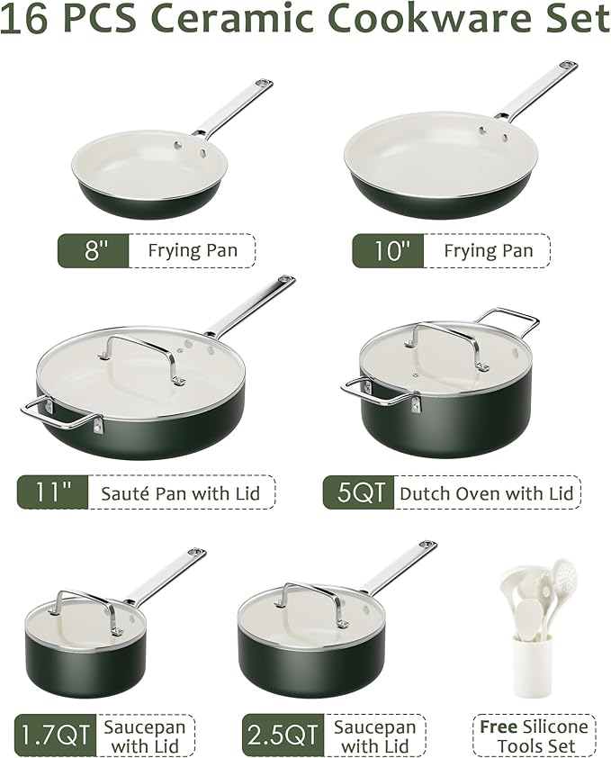 Pots and Pans Set - Nonstick Creamic Kitchen Cookware Sets Non Toxic Cookware Set With Dutch Oven, Frying Pan, Saucepan, Sauté Pan, Cooking Utensils Set, Pots and Pans for Cooking Set Gifts - Image 2