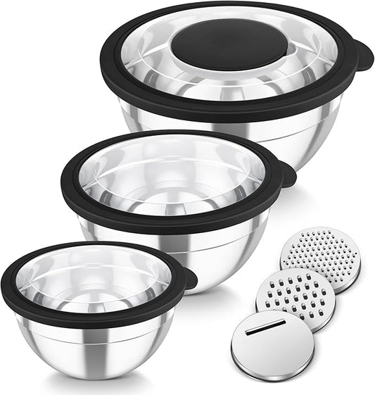 TeamFar Mixing Bowls, 3PCS Stainless Steel Serving Salad Bowls with Lids & 3 Graters, For Kitchen Mixing/Baking/Storing/Prepping, Visible & Airtight, Easy Clean - 4.5/3 / 1.5 QT, Black by TeamFar