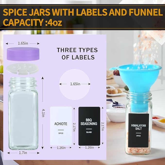 24 Glass Spice Jars with Labels, Spice Jar Set, 4oz Spice Containers, Seasoning Containers with Purple Airtight Lids and Shaker Lids, Square Empty Spice Bottles, 492 Labels, 1 Funnel - Image 2
