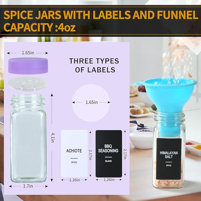 36 Glass Spice Jars with Labels, Spice Jar Set, 4oz Spice Containers, Seasoning Containers with Purple Airtight Lids and Shaker Lids, Square Empty Spice Bottles, 492 Labels, 1 Funnel - Image 2