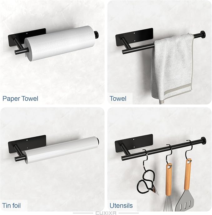 CUXIXA Paper Towel Holder Under Cabinet 2 Pack, Under Counter Paper Towel Holder Wall Mount with Self Adhesive and Screws for Kitchen, Bathroom, RV(Stainless Steel, Black) - Image 3
