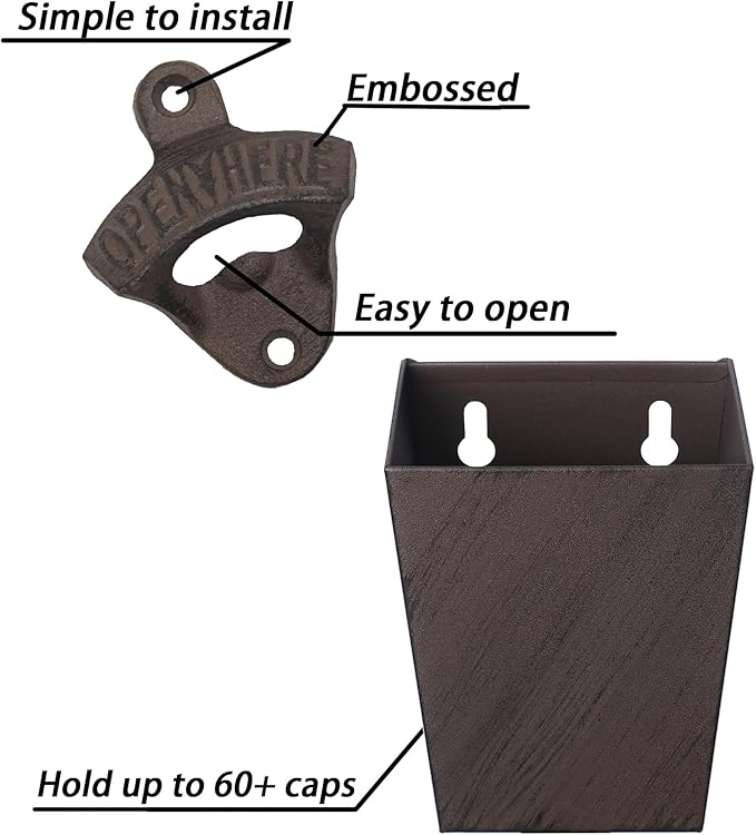 Rustic Cast Iron Beer Bottle Opener Wall Mounted with Cap Catcher Vintage Narrow Bundle - Image 2