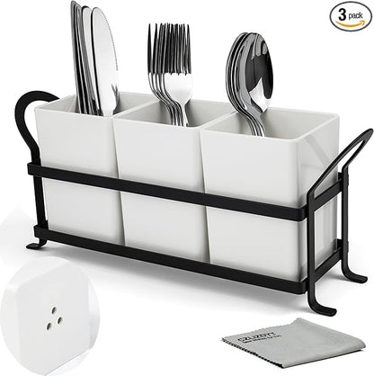 Czlizdyt Cutlery Holder with Drain Holes, Silverware Caddy for Party Countertop, 3pcs Bins Set Utensil Holders for Spoon and Fork, White by CZLIADYT