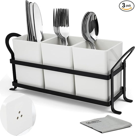 Czlizdyt Cutlery Holder with Drain Holes, Silverware Caddy for Party Countertop, 3pcs Bins Set Utensil Holders for Spoon and Fork, White by CZLIADYT