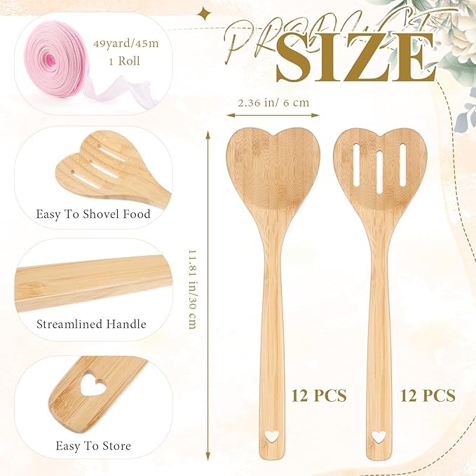 Reallnaive 24 Pcs Bamboo Spatula Wooden Kitchen Utensil Bulk 12''wood Spoon Spatula for Cooking with Ribbon Bridal Baby Shower Game Prize Wedding Party Favors Housewarming Gift (Heart Style)