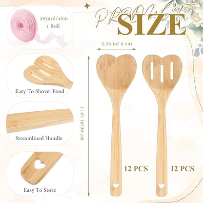 Reallnaive 24 Pcs Bamboo Spatula Wooden Kitchen Utensil Bulk 12''wood Spoon Spatula for Cooking with Ribbon Bridal Baby Shower Game Prize Wedding Party Favors Housewarming Gift (Heart Style)