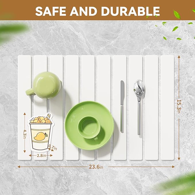 Large Stone Dish Drying Mat for Kitchen Counter,23.6''x15.3'' Foldable Quick Dry Stone Kitchen Mat,Eco-Friendly,Absorbent Diatomaceous Earth Mats for Dishes Bottles Cups Bathroom Any Countertop-White - Image 6