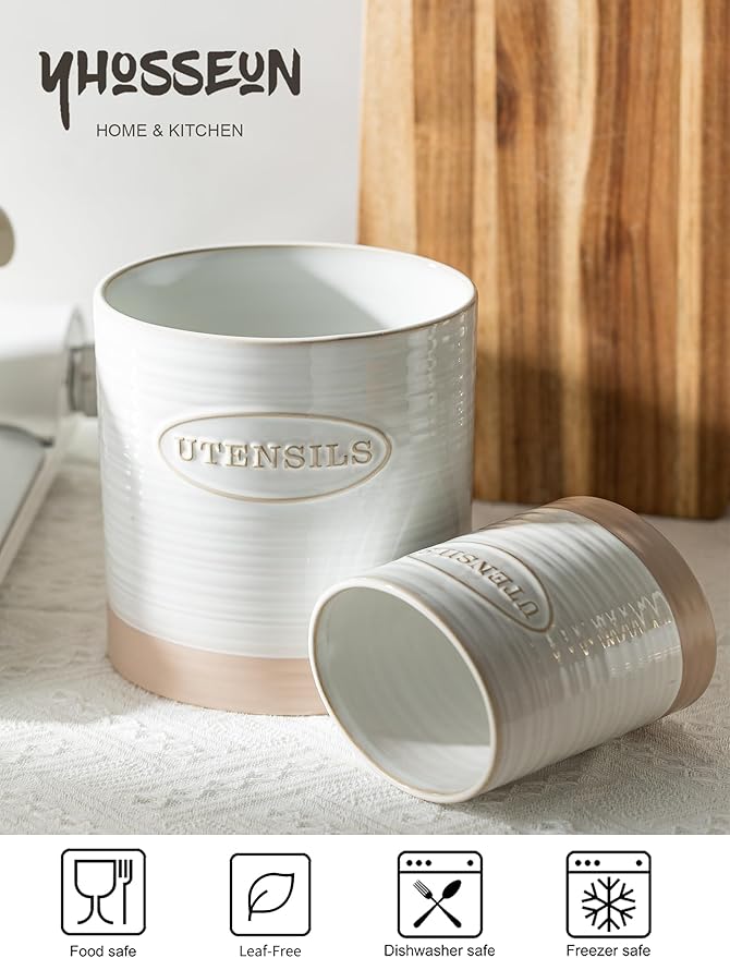 YHOSSEUN Utensil Holder Set of 2, Ceramic Utensil Holder for Kitchen Counter, 6.7"+5.1" Kitchen Utensil Crocks Spatula Holder for Countertop, Two-tone Finish Oval Opening - Image 4