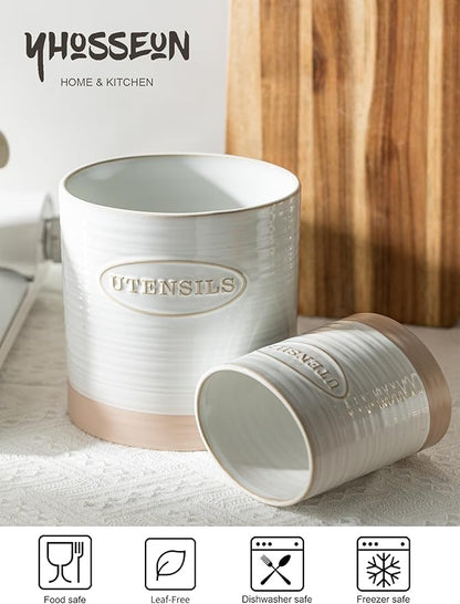 YHOSSEUN Utensil Holder Set of 2, Ceramic Utensil Holder for Kitchen Counter, 6.7"+5.1" Kitchen Utensil Crocks Spatula Holder for Countertop, Two-tone Finish Oval Opening - Image 4
