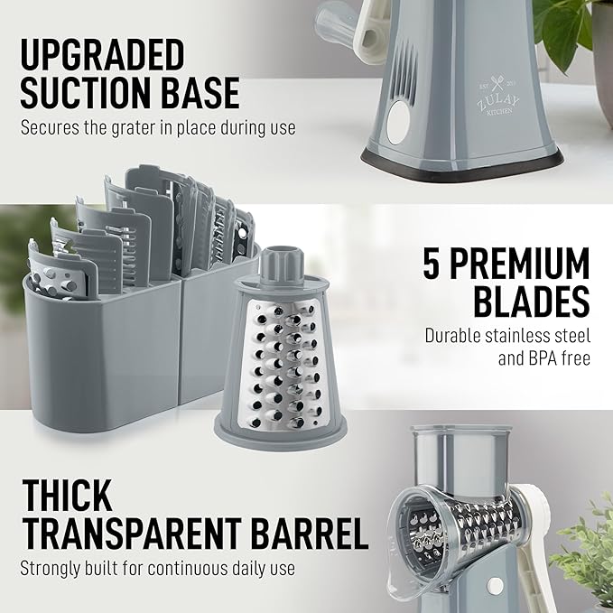 Zulay Kitchen Rotary Cheese Grater 5 Blade Cheese Shredder - Manual Hand Crank Cheese Grater With Reinforced Suction & 5 Interchangeable Drums - Easy to Use, Vegetable Chopper Round Mandoline Slicer - Image 7