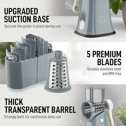 Zulay Kitchen Rotary Cheese Grater 5 Blade Cheese Shredder - Manual Hand Crank Cheese Grater With Reinforced Suction & 5 Interchangeable Drums - Easy to Use, Vegetable Chopper Round Mandoline Slicer - Image 7