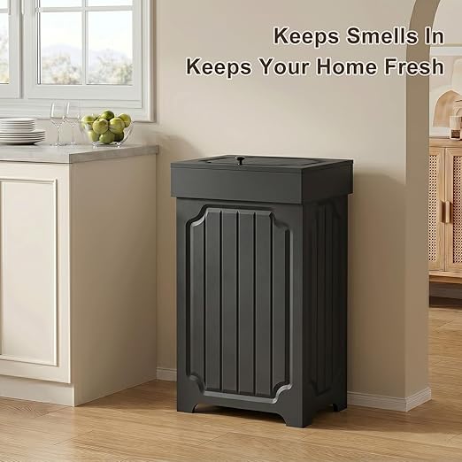 Povrgive Wood Trash Can Cabinet, 13 Gallon Hidden Kitchen Garbage Can with Lid, Farmhouse Dog Proof Trash Can, Metal Ring Included, 16" L x 13" W x 26.5" H, Black - Image 4