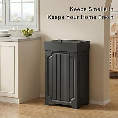Povrgive Wood Trash Can Cabinet, 13 Gallon Hidden Kitchen Garbage Can with Lid, Farmhouse Dog Proof Trash Can, Metal Ring Included, 16" L x 13" W x 26.5" H, Black - Image 4