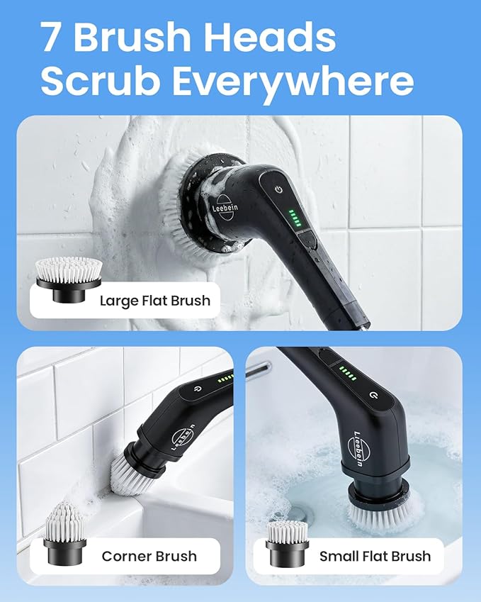 Leebein Electric Spin Scrubber, Cordless Cleaning Brush with 8 Replaceable Brush Heads, Tub and Floor Tile Power Scrubber Dual Speed with Adjustable & Detachable Handle for Bathroom Tub (All Black) - Image 6