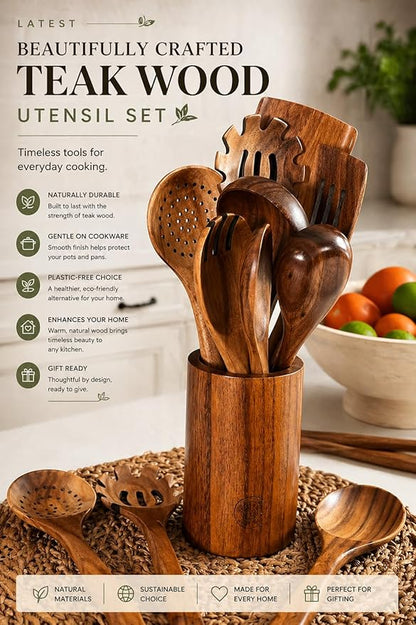 Wooden Cooking Utensils Set – Coki Home 9-Piece Teak Wood Kitchen Utensils with Holder, Nonstick Safe, Plastic-Free, Food-Safe Cooking Tools