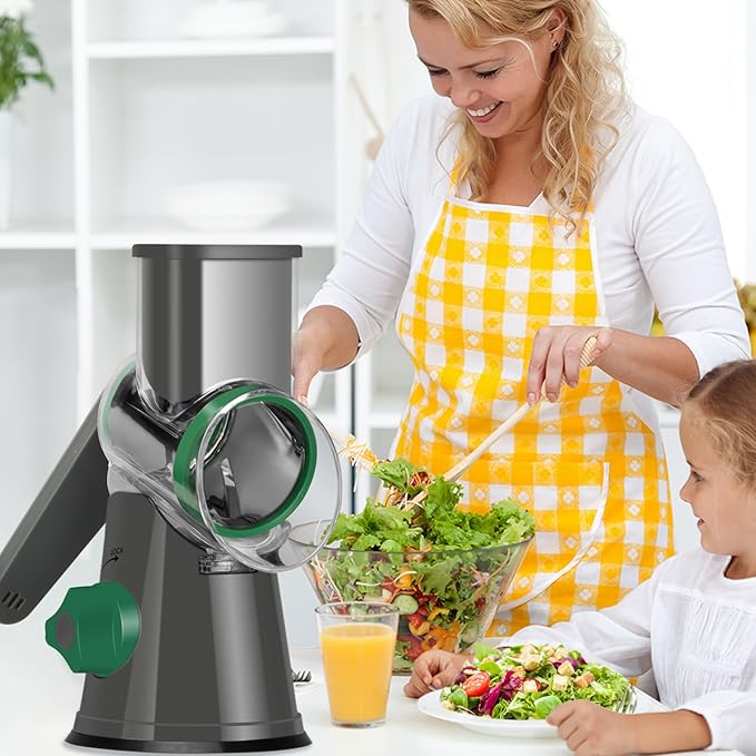 Ourokhome Rotary Cheese Grater Hand Crank, Kitchen Shredder Speed Mandolin Slicer Nuts Grinder with Handle and Drum Blades for Cheese, Vegetable, Walnuts, Chocolate, Potato, Carrot, 3 Blades, Gray - Image 6