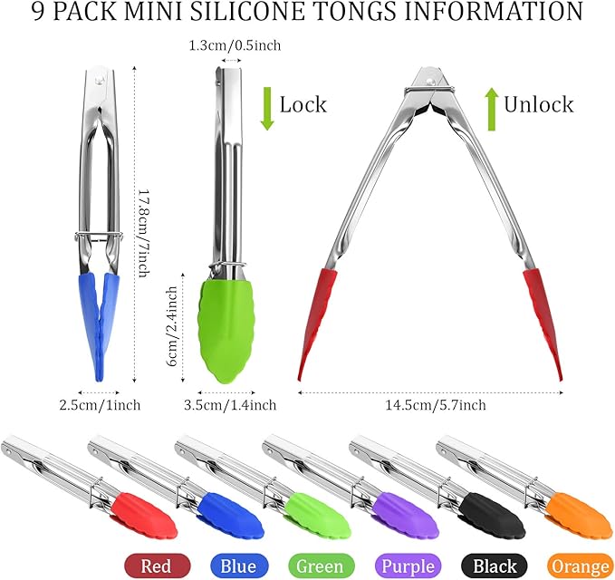 6 Pieces 7 Inch Mini Silicone Tip Tongs Kitchen Serving Tongs Small Metal Locking Tongs for Salad Grilling Cooking, 6 Colors