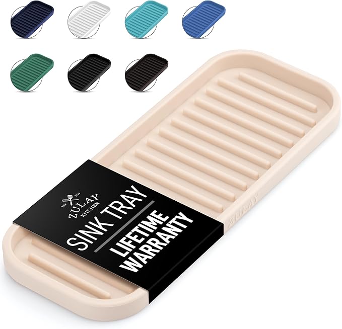 Zulay Kitchen (9x3.5) Silicone Sponge Holder for Kitchen Sink - Flexible Multipurpose Soap Tray - Sink Organizer for Kitchen, Bathroom, Makeup, Trinkets & More (Ivory) by ZulayKitchen