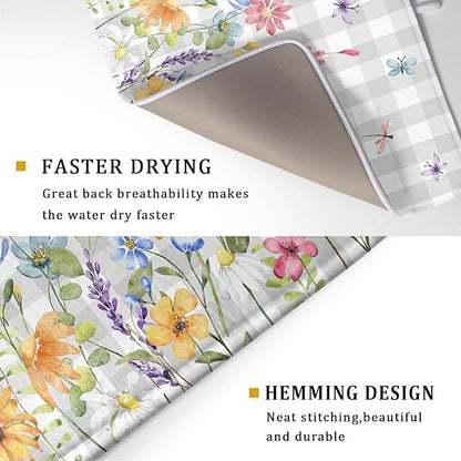 Giwawa Spring Floral Dish Drying Mat, Summer Flower Grey Buffalo Plaids Dish Drainer Mats, Wildflower Butterfly Check Reversible Drying Rack Pad Protector for Kitchen Countertop Decor, 18"x24"