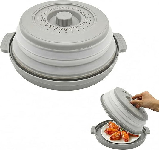 Microwave Food Cover With Handle - Collapsible And Vented Silicone Splash Guard With Tray - For Microwave Food Heating-Splash Guard Can Be Used As a Draining Basket For Washing Vegetables (Gray)
